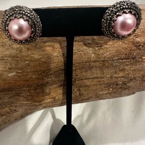 Sarsa Pink Pearl-Style Stud Earrings with Antique Style Silver 925 Setting